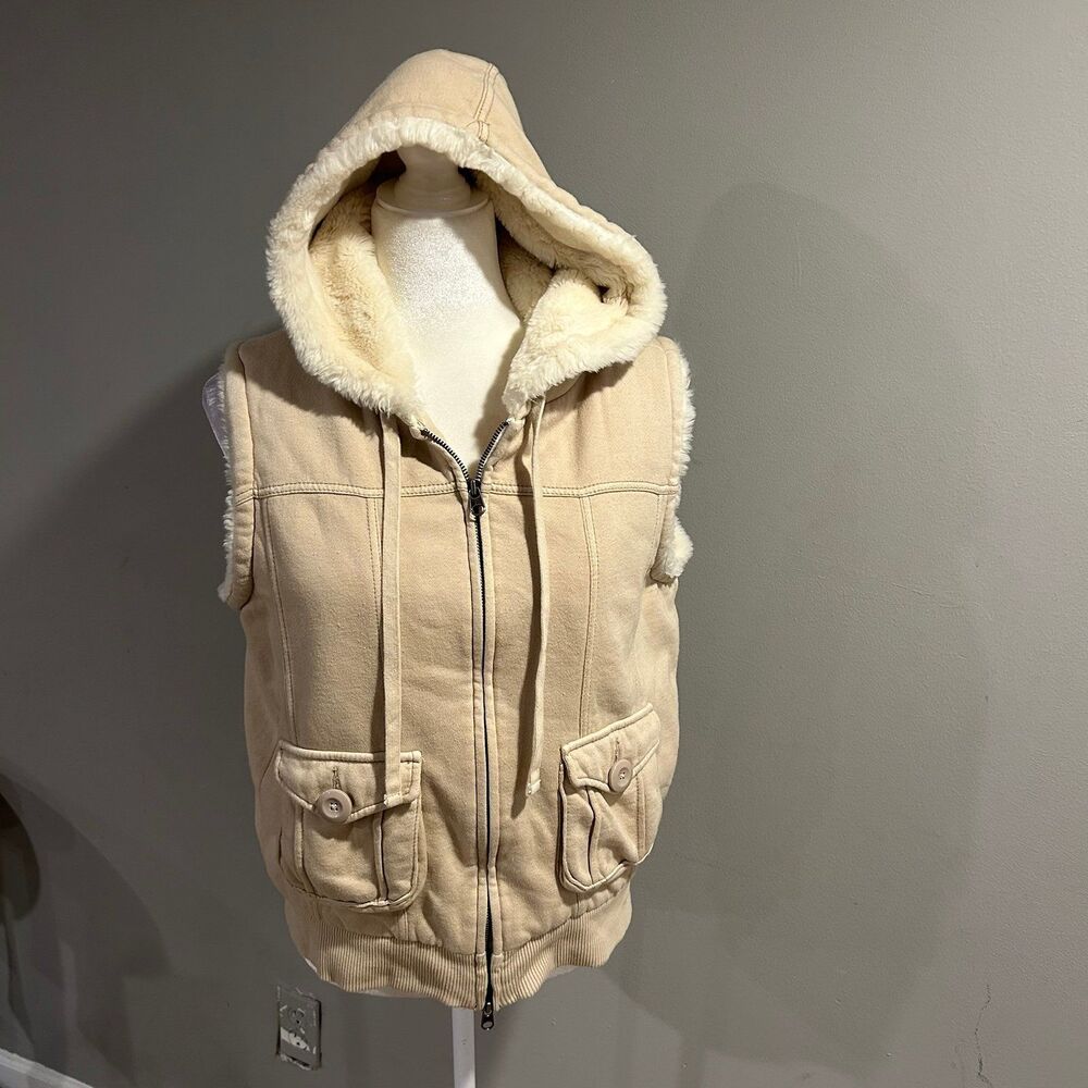 Vintage Y2K Gap Faux Fur Lined Hoodie Vest Cream Beige Womens Medium